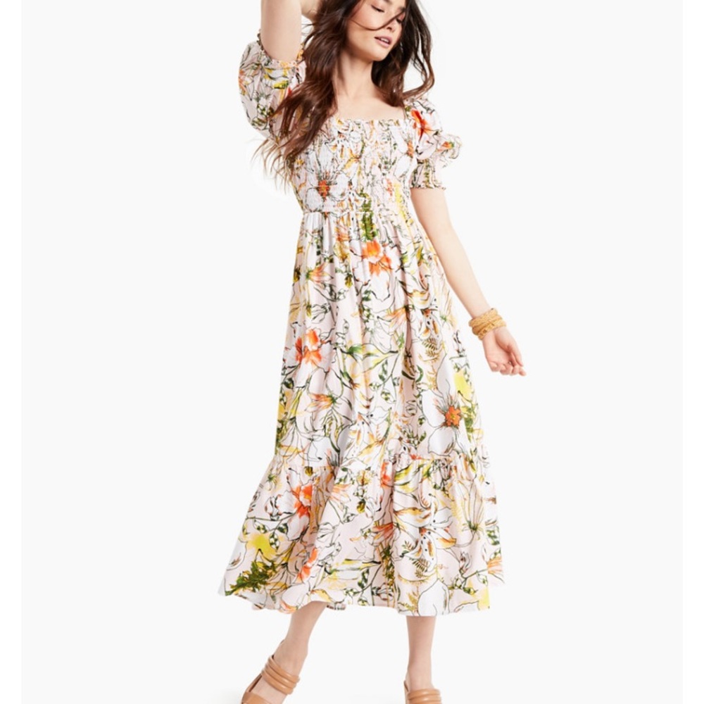 INC Floral Smocked Puff-Sleeve Dress